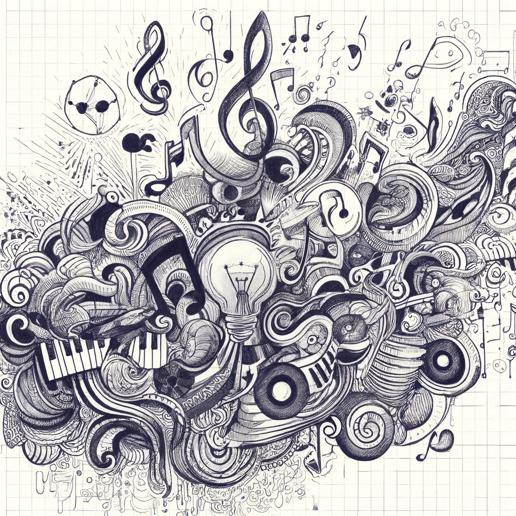 Abstract pen drawing depicting ideas, music, and joy with musical notes, creative symbols, and joyful expressions intertwined in a dynamic, flowing composition. The image captures the essence of creativity and happiness