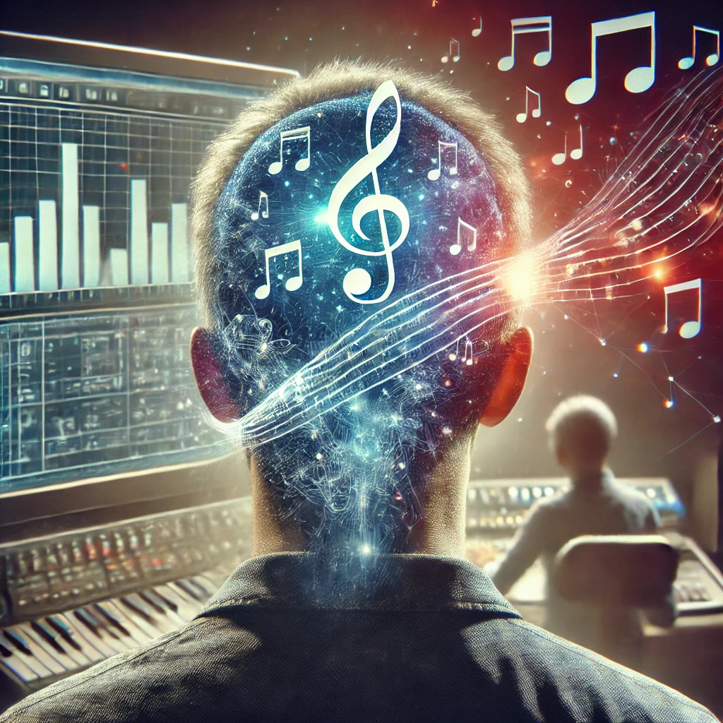 An abstract image showing the back of a person’s head in front of a large computer monitor. The person’s head is semi-transparent, revealing music notes, waveforms, and spreadsheets inside, symbolizing a blend of creativity and analytical thinking. Digital elements from the monitor flow into the person’s mind, emphasizing the integration of music, technology, and data in a surreal, tech-driven scene.